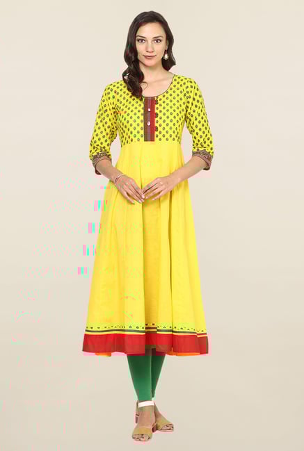 Aujjessa Yellow Printed Cotton Anarkali Kurta Aujjessa Yellow Printed Cotton Anarkali Kurta