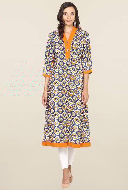 Aujjessa Grey & Orange Printed Rayon A Line Kurta Aujjessa Grey & Orange Printed Rayon A Line Kurta
