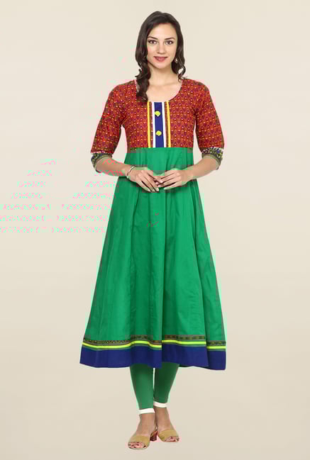 Aujjessa Green & Red Printed Cotton Anarkali Kurta Aujjessa Green & Red Printed Cotton Anarkali Kurta