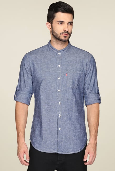Levi's Indigo Blue Mandarin Collar Shirt Levi's Indigo Blue Mandarin Collar Shirt
