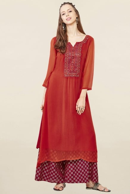 Global Desi Rust & Magenta Embroidered Kurta With Palazzo Global Desi Rust & Magenta Embroidered Kurta With Palazzo