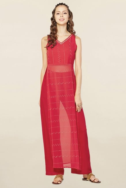Global Desi Red Embroidered Kurta With Palazzo Global Desi Red Embroidered Kurta With Palazzo