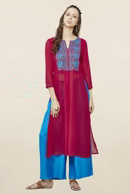 Global Desi Pink & Blue Embroidered Kurta With Palazzo Global Desi Pink & Blue Embroidered Kurta With Palazzo
