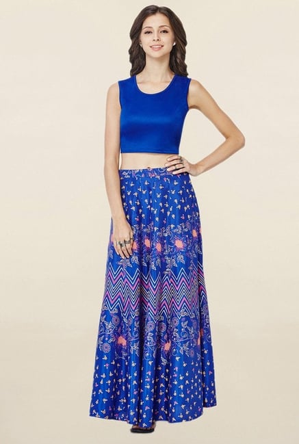 Global Desi Royal Blue Solid Top With Skirt Global Desi Royal Blue Solid Top With Skirt