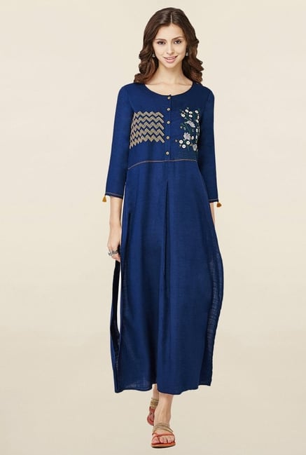 Global Desi Navy Embroidered Kurta Global Desi Navy Embroidered Kurta