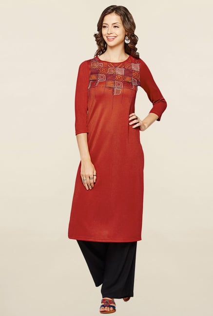Global Desi Red Embroidered Kurta Global Desi Red Embroidered Kurta