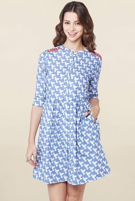 Global Desi Blue Printed Shirt Dress Global Desi Blue Printed Shirt Dress
