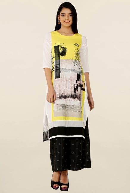 W Off White & Yellow Printed Kurta W Off White & Yellow Printed Kurta