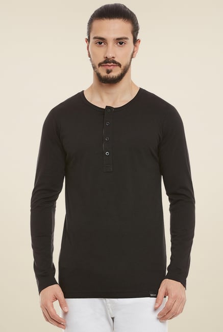 Rigo Black Full Sleeves Henley T-Shirt Rigo Black Full Sleeves Henley T-Shirt