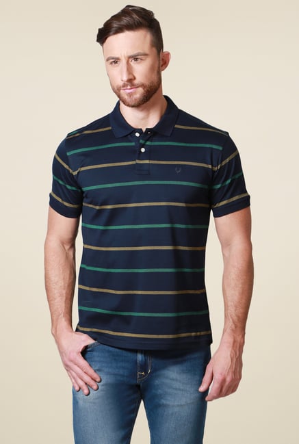 Allen Solly Navy Regular Fit Striped Polo T-Shirt Allen Solly Navy Regular Fit Striped Polo T-Shirt