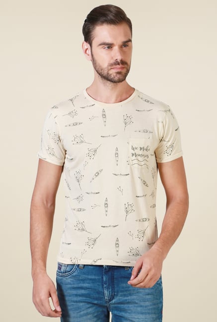 Allen Solly Beige Printed Cotton T-Shirt Allen Solly Beige Printed Cotton T-Shirt