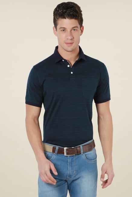 Peter England Space Blue Striped Polo T-Shirt Peter England Space Blue Striped Polo T-Shirt