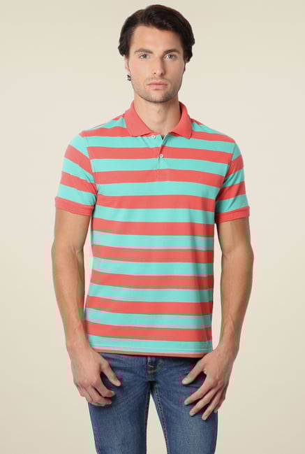 Peter England Turquoise & Red Striped Polo T-Shirt Peter England Turquoise & Red Striped Polo T-Shirt