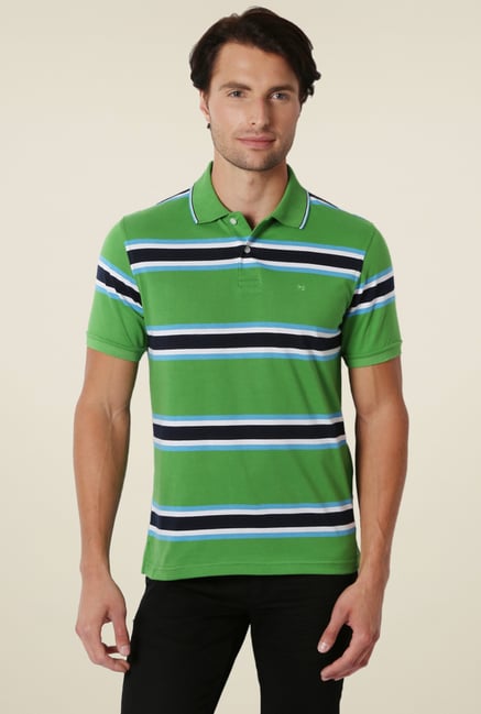 Peter England Green & Navy Striped Regular Fit Polo T-Shirt Peter England Green & Navy Striped Regular Fit Polo T-Shirt