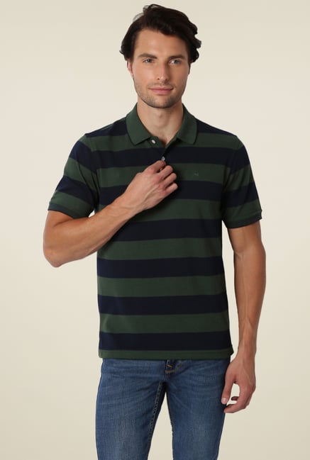 Peter England Olive & Navy Striped Regular Fit Polo T-Shirt Peter England Olive & Navy Striped Regular Fit Polo T-Shirt