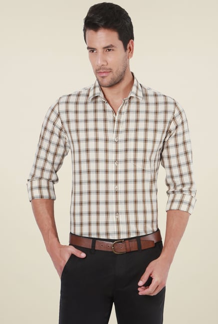 Peter England Cream Checks Slim Fit Shirt Peter England Cream Checks Slim Fit Shirt