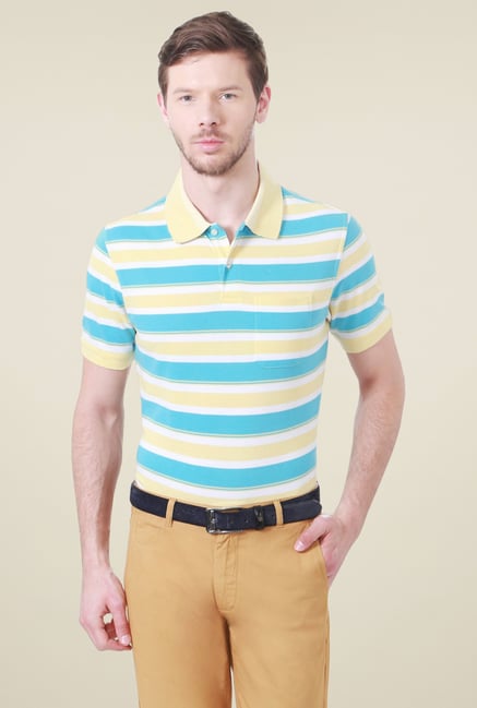 Peter England Yellow & Blue Regular Fit Striped Polo T-Shirt Peter England Yellow & Blue Regular Fit Striped Polo T-Shirt