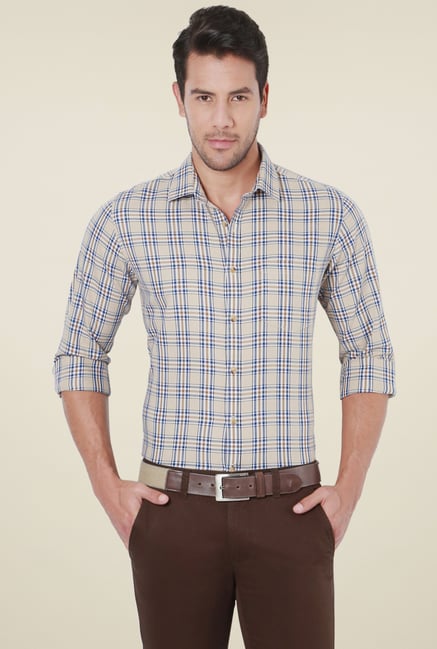 Peter England Beige Full Sleeves Checks Cotton Shirt Peter England Beige Full Sleeves Checks Cotton Shirt