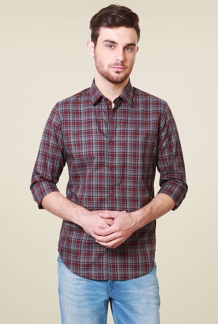 Peter England Maroon & Grey Checks Cotton Slim Fit Shirt Peter England Maroon & Grey Checks Cotton Slim Fit Shirt