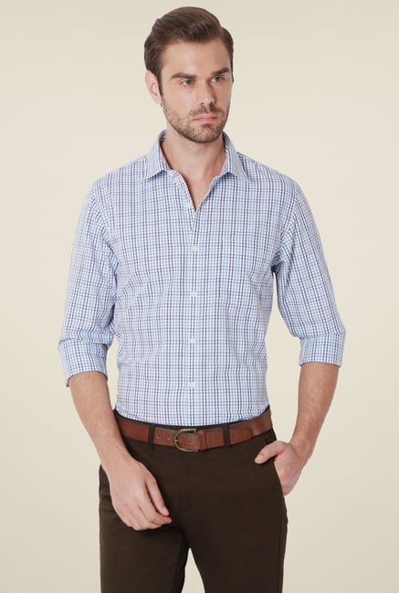 Peter England Blue Cotton Slim Fit Checks Shirt Peter England Blue Cotton Slim Fit Checks Shirt