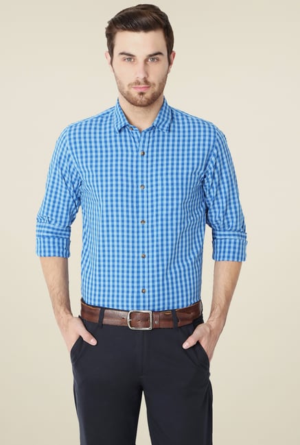 Peter England Blue Slim Fit Checks Cotton Shirt Peter England Blue Slim Fit Checks Cotton Shirt
