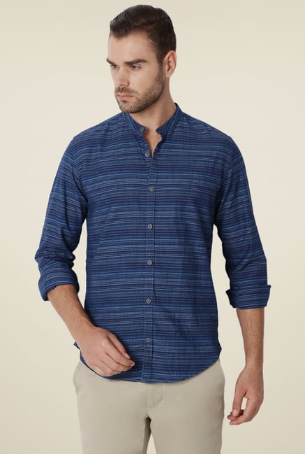 Peter England Dark Blue Full Sleeves Band Collar Shirt Peter England Dark Blue Full Sleeves Band Collar Shirt