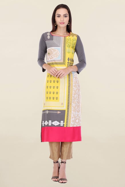 W Yellow & Grey Printed Kurta W Yellow & Grey Printed Kurta