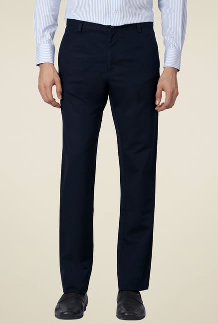 Allen Solly Navy Solid Comfort Fit Trousers Allen Solly Navy Solid Comfort Fit Trousers