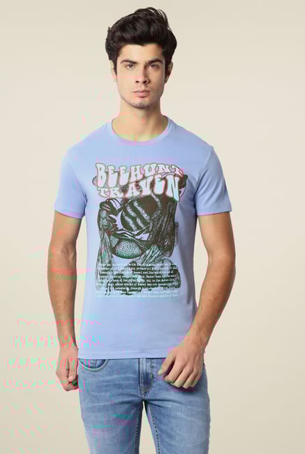 Peter England Stone Blue Slim Fit Printed T-Shirt Peter England Stone Blue Slim Fit Printed T-Shirt
