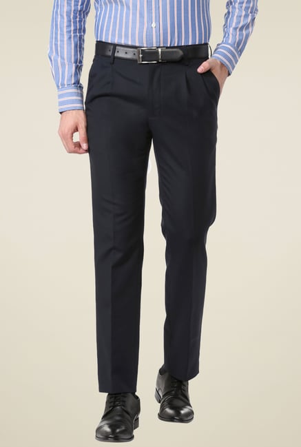 Allen Solly Navy Mid Rise Cotton Solid Trousers Allen Solly Navy Mid Rise Cotton Solid Trousers