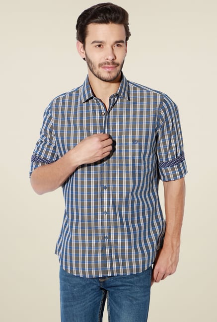 Van Heusen Grey & Blue Checks Cotton Shirt Van Heusen Grey & Blue Checks Cotton Shirt