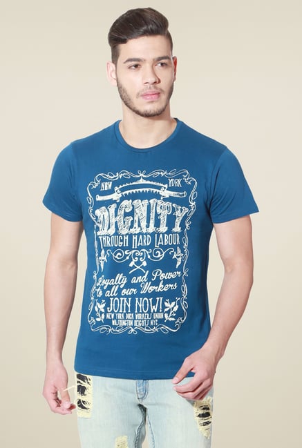 People Blue Crew Neck Printed Cotton T-Shirt People Blue Crew Neck Printed Cotton T-Shirt