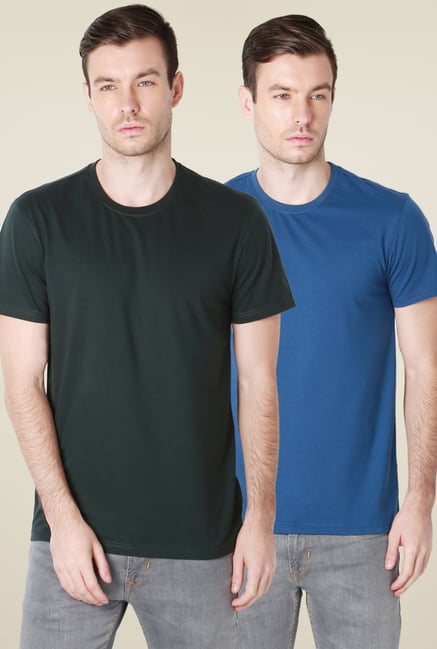 Peter England Blue & Olive Solid T-Shirt (Pack of 2) Peter England Blue & Olive Solid T-Shirt (Pack of 2)
