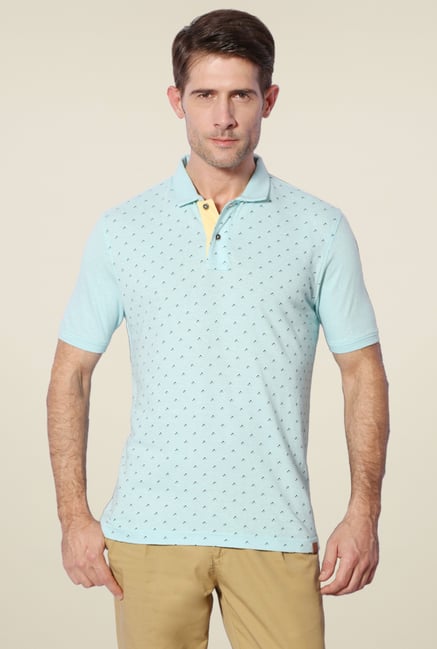 Van Heusen Baby Blue Printed Slim Fit Linen Blend T-Shirt Van Heusen Baby Blue Printed Slim Fit Linen Blend T-Shirt