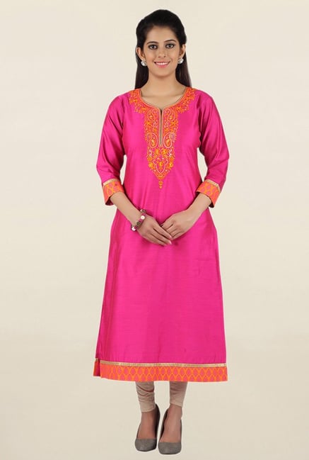 Jashn Pink Embroidered Cotton Kurta Jashn Pink Embroidered Cotton Kurta