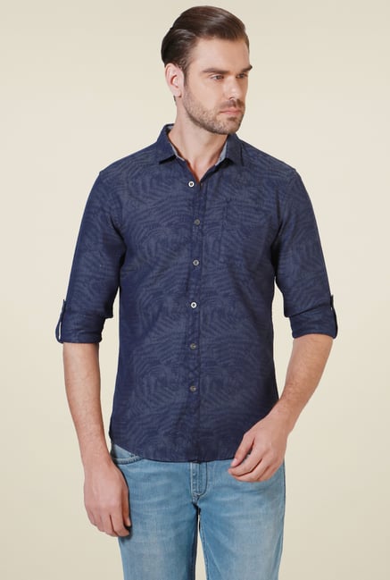 Allen Solly Blue Self Pattern Linen Blend Shirt Allen Solly Blue Self Pattern Linen Blend Shirt