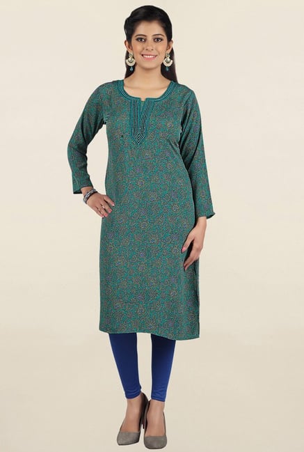 Jashn Green Printed Crepe Kurta Jashn Green Printed Crepe Kurta
