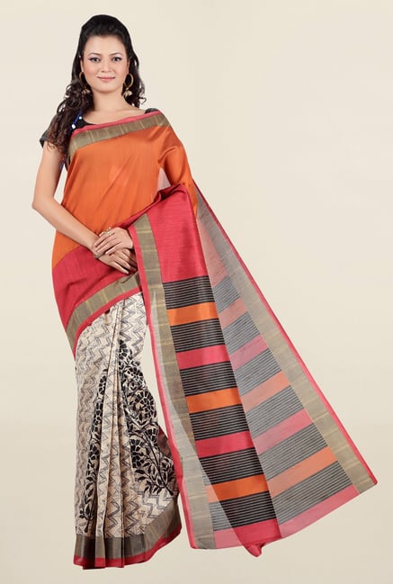 Jashn Beige & Orange Printed Tussar Silk Saree Jashn Beige & Orange Printed Tussar Silk Saree