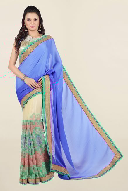 Jashn Beige & Blue Embroidered Net Saree Jashn Beige & Blue Embroidered Net Saree