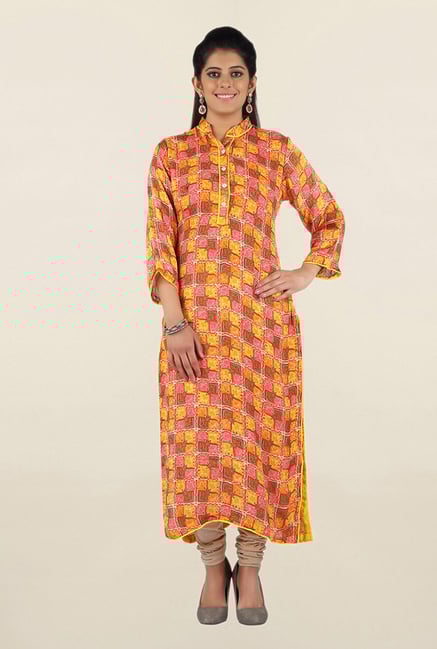 Jashn Yellow & Pink Printed Crepe Kurta Jashn Yellow & Pink Printed Crepe Kurta