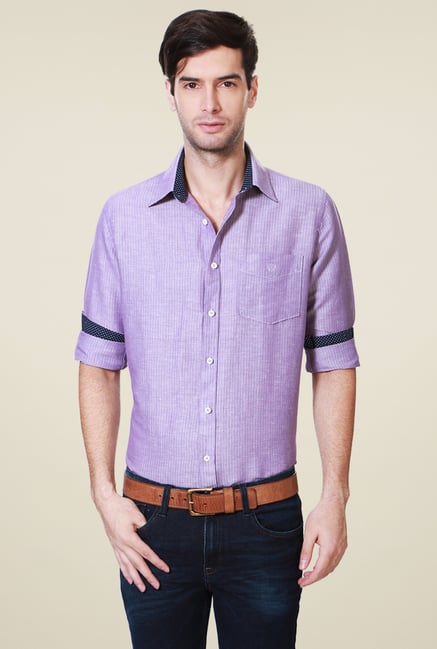 Van Heusen Lavender Slim Fit Striped Linen Blend Shirt Van Heusen Lavender Slim Fit Striped Linen Blend Shirt