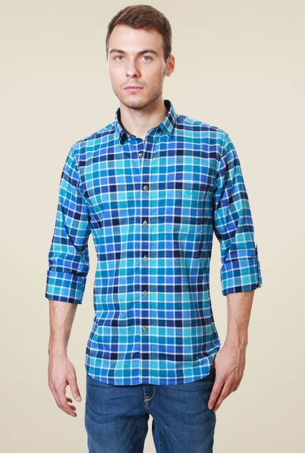 Van Heusen Blue Full Sleeves Checks Cotton Shirt Van Heusen Blue Full Sleeves Checks Cotton Shirt