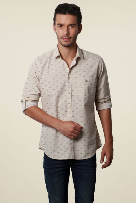 Van Heusen Beige Printed Slim Fit Cotton Full Sleeves Shirt Van Heusen Beige Printed Slim Fit Cotton Full Sleeves Shirt