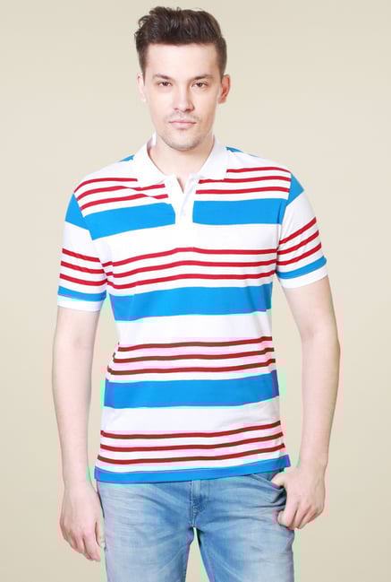 Van Heusen White & Sky Blue Striped Cotton Polo T-Shirt Van Heusen White & Sky Blue Striped Cotton Polo T-Shirt