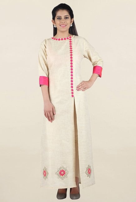 Jashn Off White & Pink Textured Rayon Kurta Jashn Off White & Pink Textured Rayon Kurta