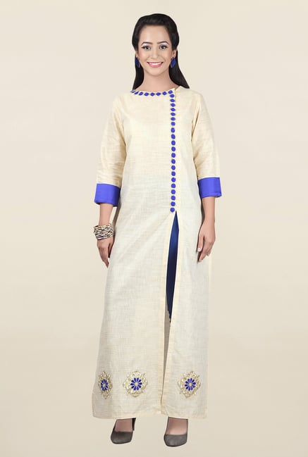 Jashn Off White & Blue Textured Rayon Kurta Jashn Off White & Blue Textured Rayon Kurta