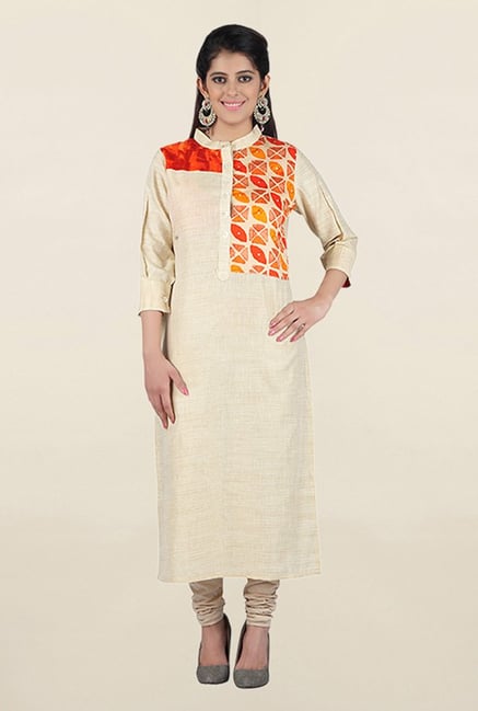 Jashn Off White & Orange Textured Linen Kurta Jashn Off White & Orange Textured Linen Kurta