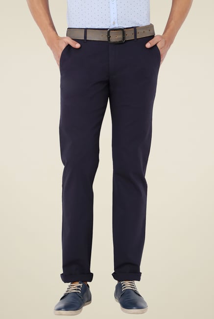 Van Heusen Navy Slim Fit Mid Rise Solid Trousers Van Heusen Navy Slim Fit Mid Rise Solid Trousers