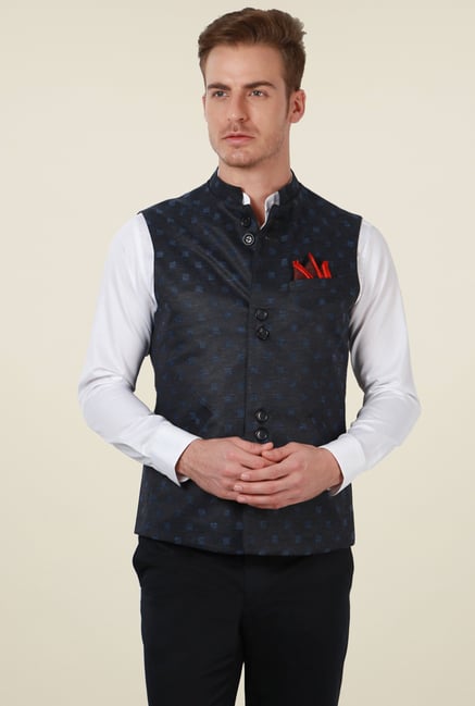 Peter England Navy Printed Sleeveless Jacket Peter England Navy Printed Sleeveless Jacket