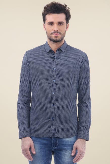 Flying Machine Navy Cotton Printed Shirt Flying Machine Navy Cotton Printed Shirt